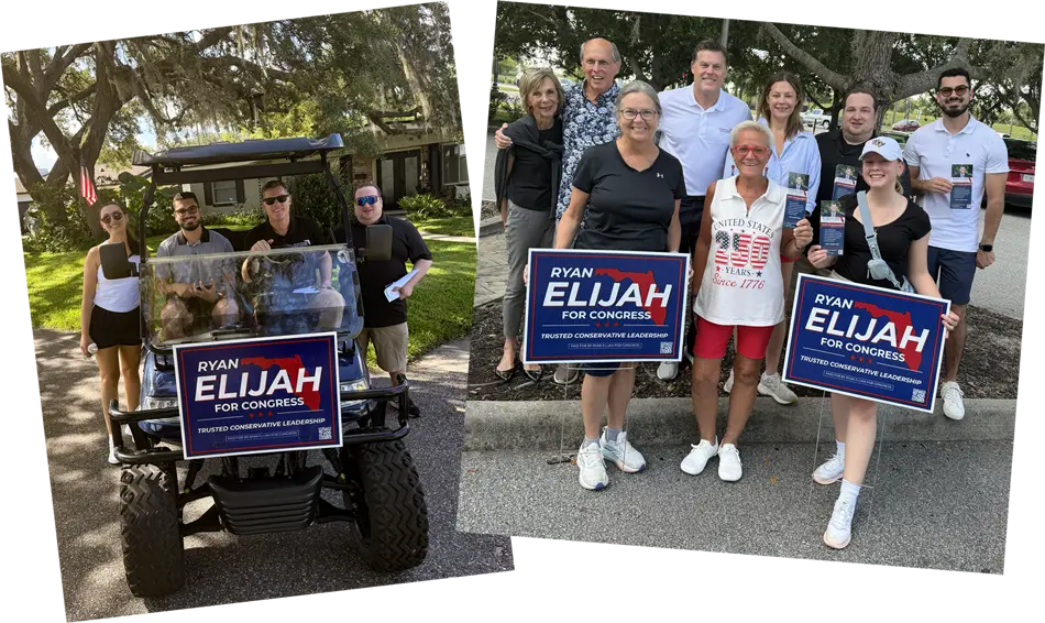 Ryan Elijah supporters holding Ryan Elijah for Congress yard signs